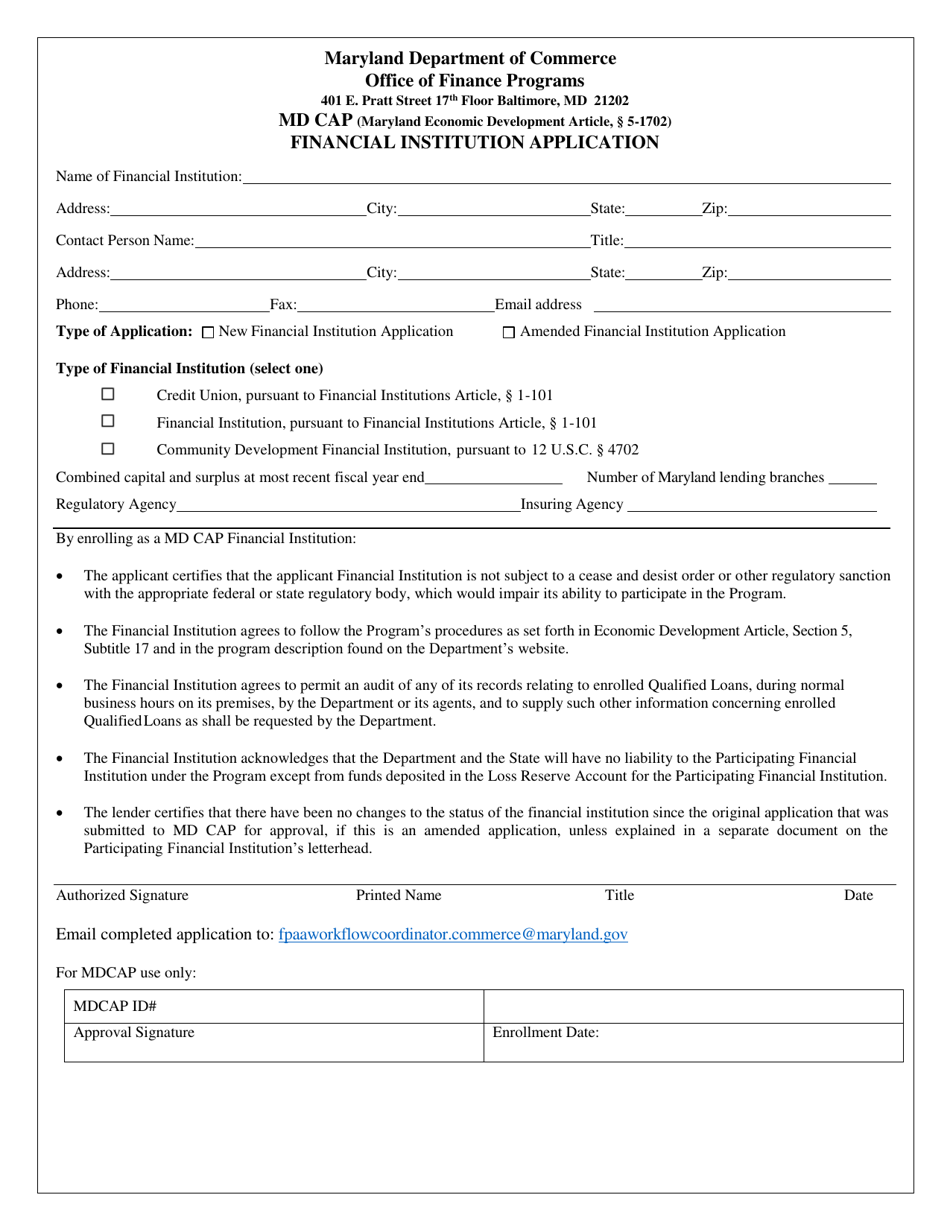 Financial Institution Application - Maryland, Page 1