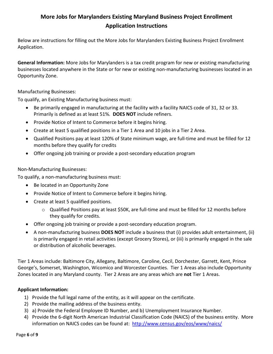 More Jobs for Marylanders Project Enrollment Application - Existing Maryland Business - Maryland, Page 6