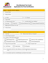 Document preview: One Maryland Tax Credit Application for Final Certification - Maryland