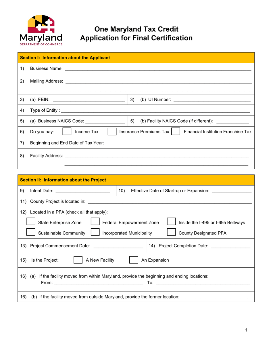 Maryland Tax Credit Application