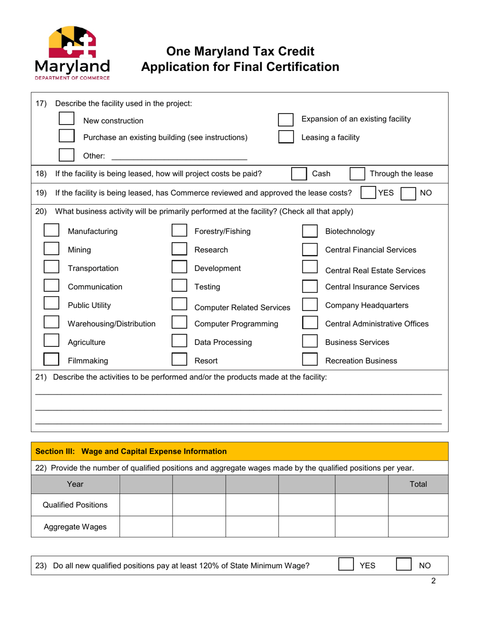 One Maryland Tax Credit Application for Final Certification - Maryland, Page 2