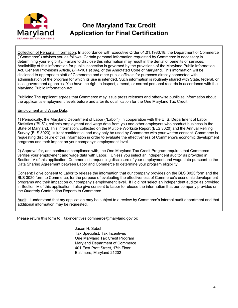 Maryland One Maryland Tax Credit Application for Final Certification