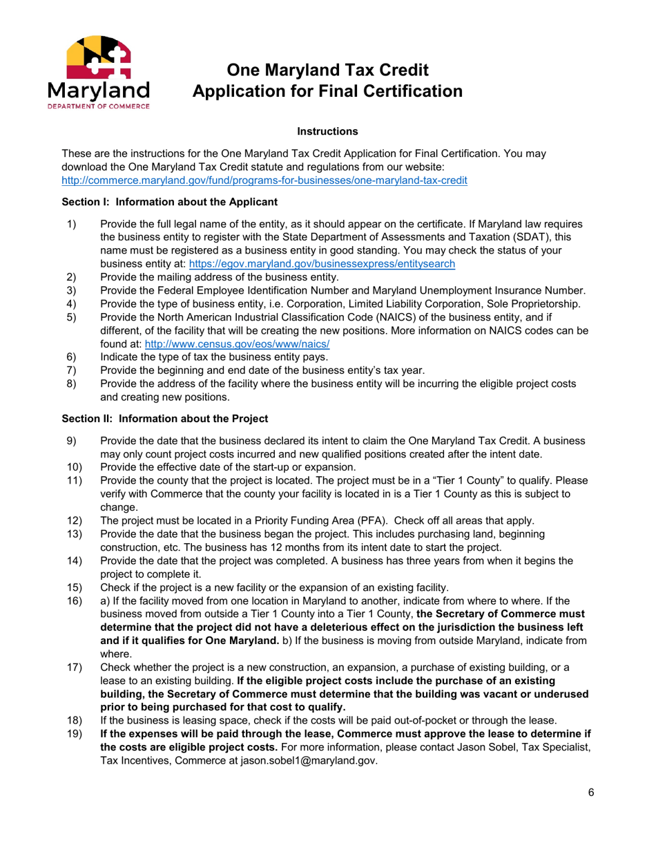 One Maryland Tax Credit Application for Final Certification - Maryland, Page 6