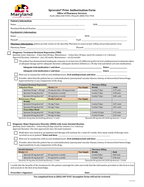 Spravato Prior Authorization Form - Maryland Download Pdf