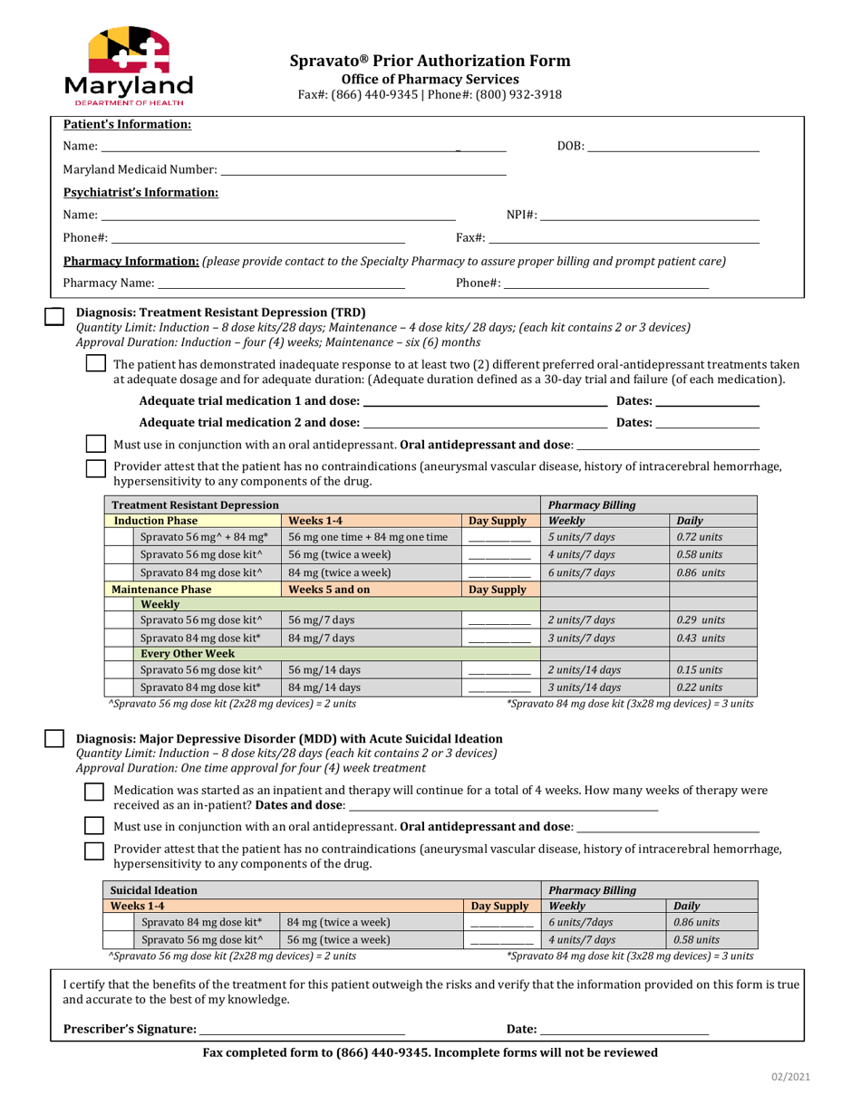 Maryland Spravato Prior Authorization Form Fill Out Sign Online And Download Pdf Templateroller 0467