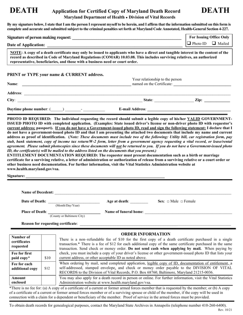 Application for Certified Copy of Maryland Death Record - Maryland Download Pdf