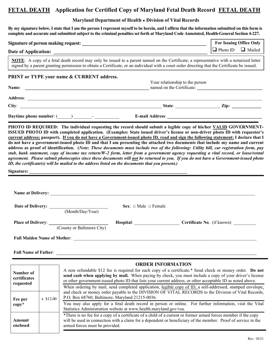 Application for Certified Copy of Maryland Fetal Death Record - Maryland, Page 1
