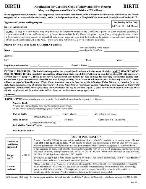 Application for Certified Copy of Maryland Birth Record - Maryland Download Pdf