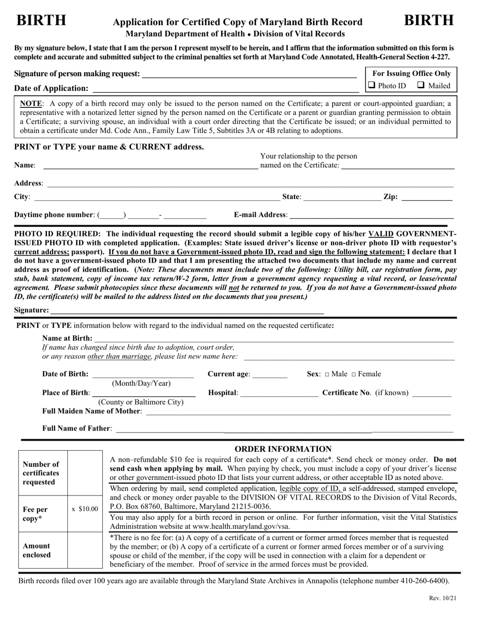 Maryland Application for Certified Copy of Maryland Birth Record ...