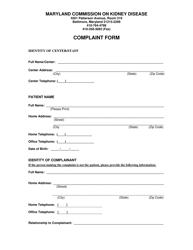 Patient Complaint Form - Maryland Commission on Kidney Disease - Maryland