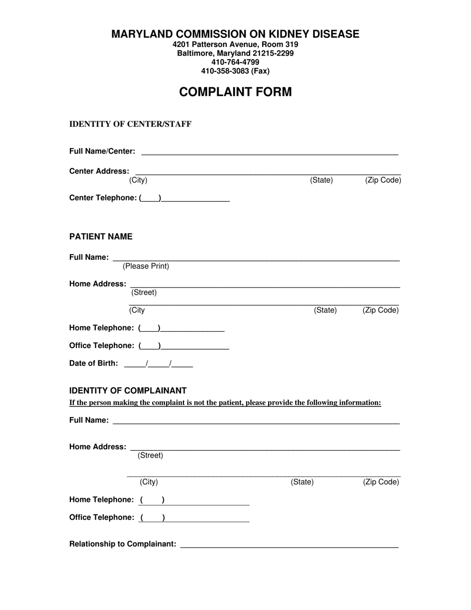 Patient Complaint Form - Maryland Commission on Kidney Disease - Maryland, Page 1