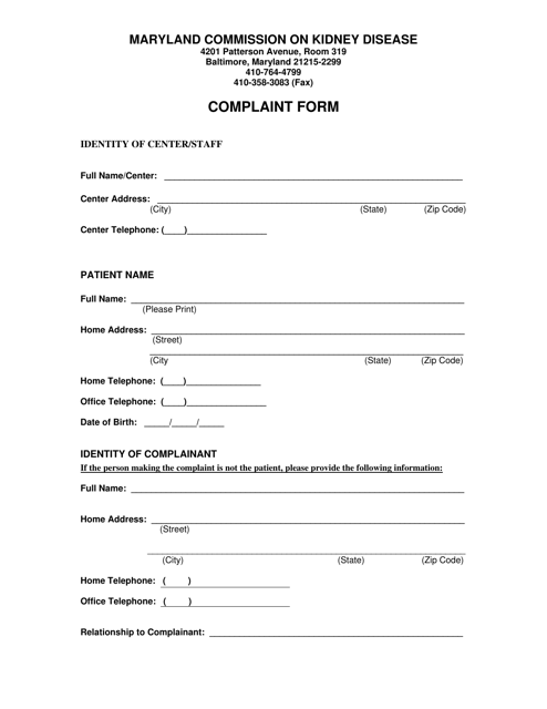 Patient Complaint Form - Maryland Commission on Kidney Disease - Maryland Download Pdf