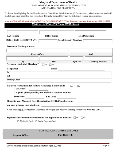 Developmental Disabilities Administration Application for Eligibility - Maryland