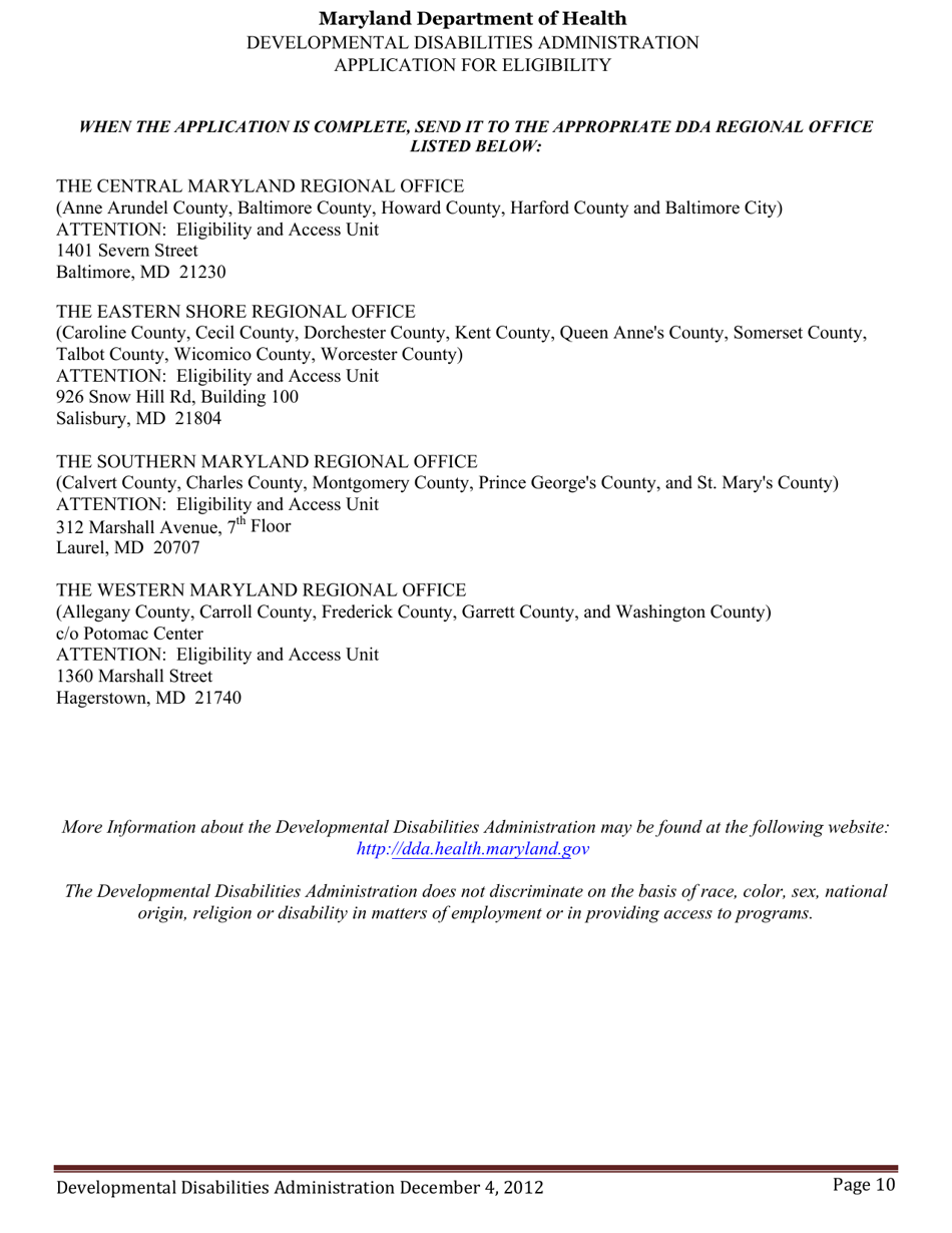 Developmental Disabilities Administration Application for Eligibility - Maryland, Page 10
