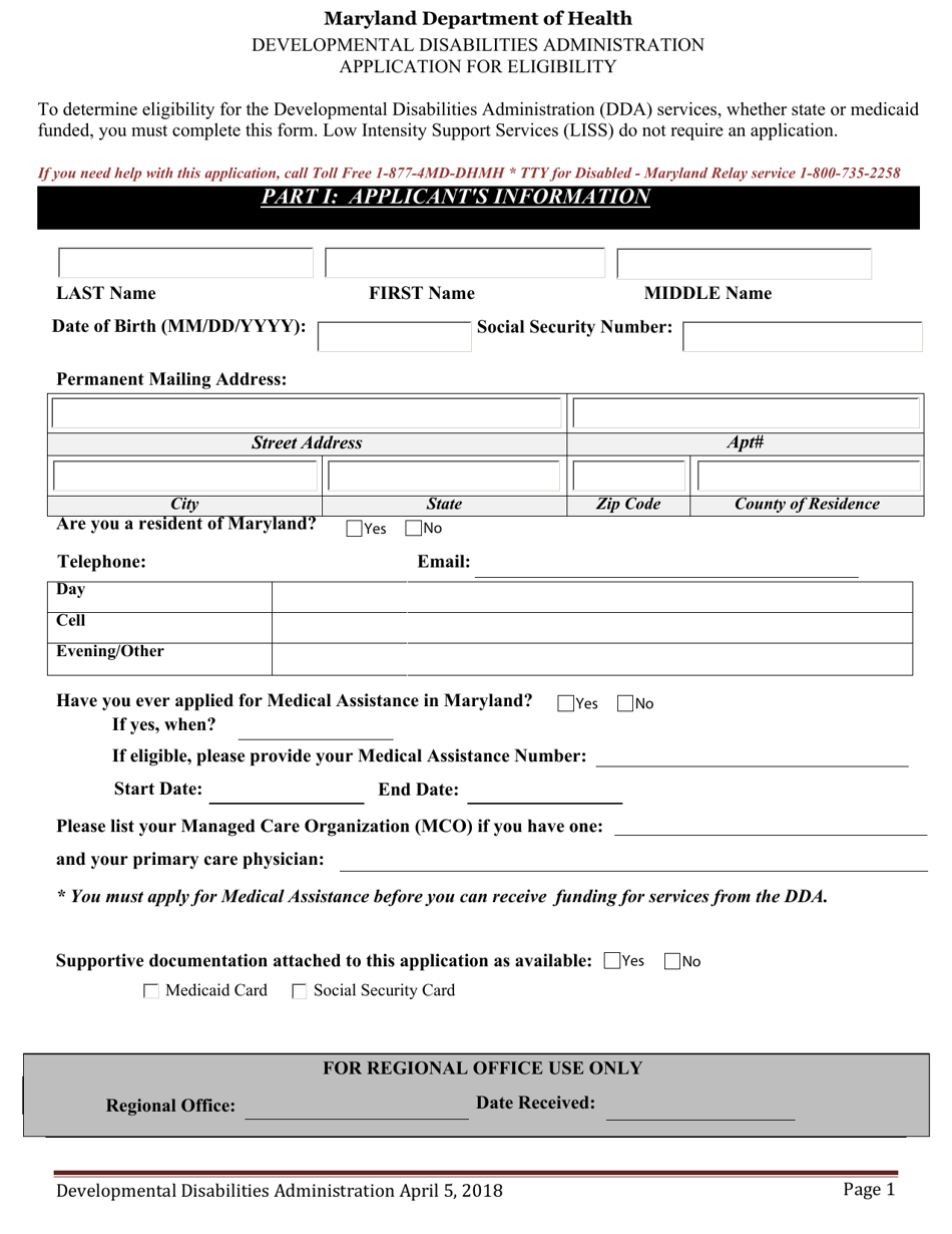 Developmental Disabilities Administration Application for Eligibility - Maryland, Page 1