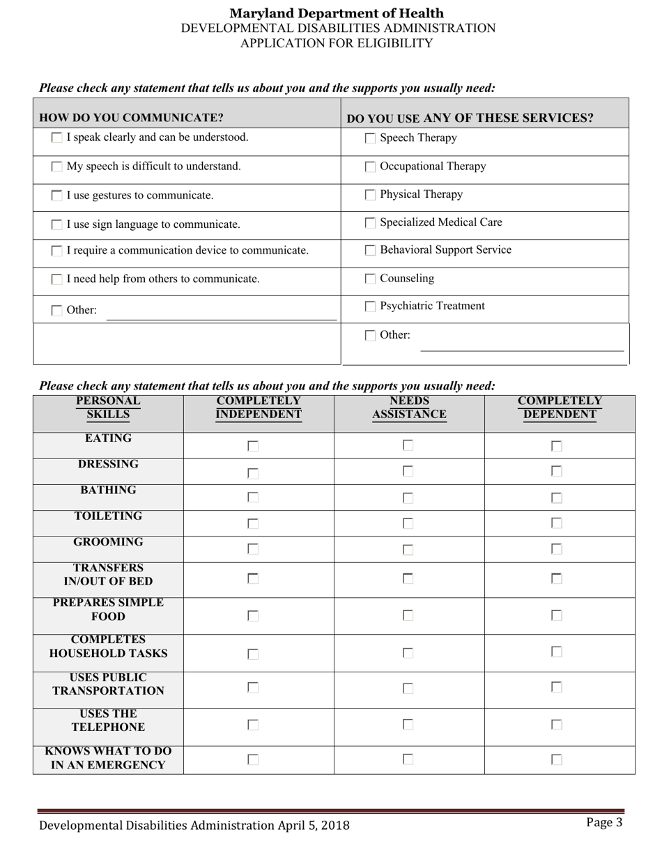 Maryland Developmental Disabilities Administration Application for ...