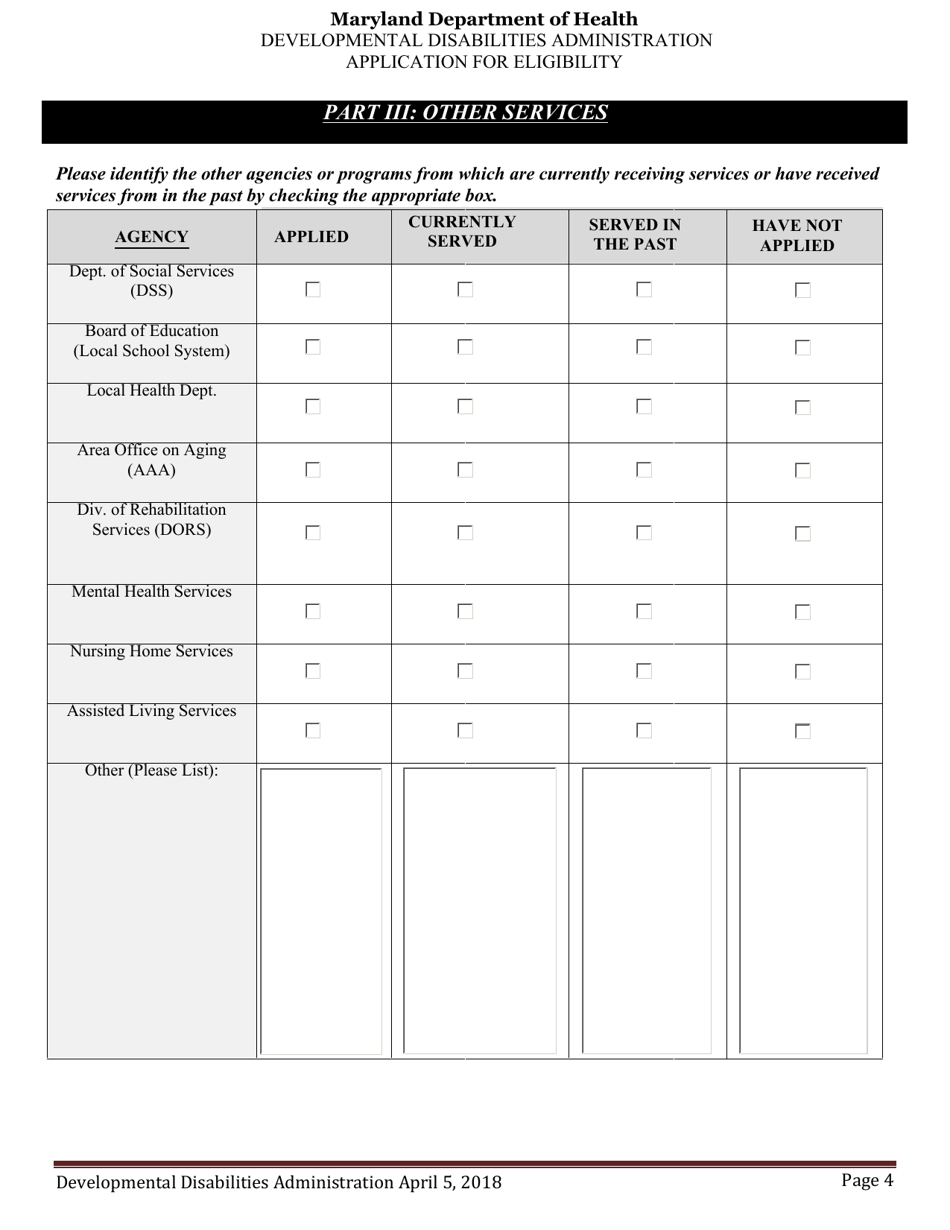 Developmental Disabilities Administration Application for Eligibility - Maryland, Page 4