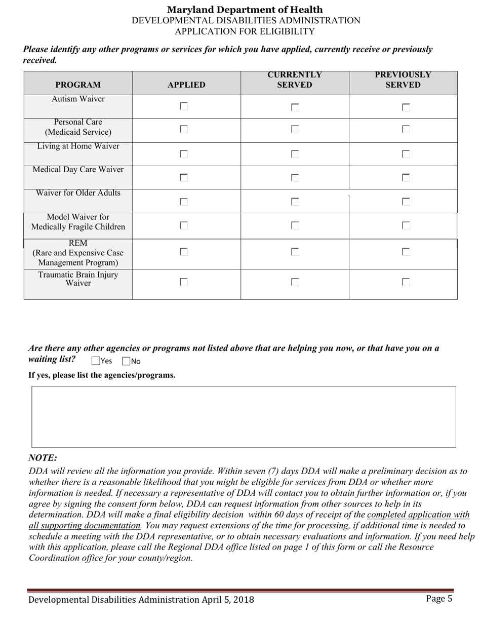 Developmental Disabilities Administration Application for Eligibility - Maryland, Page 5