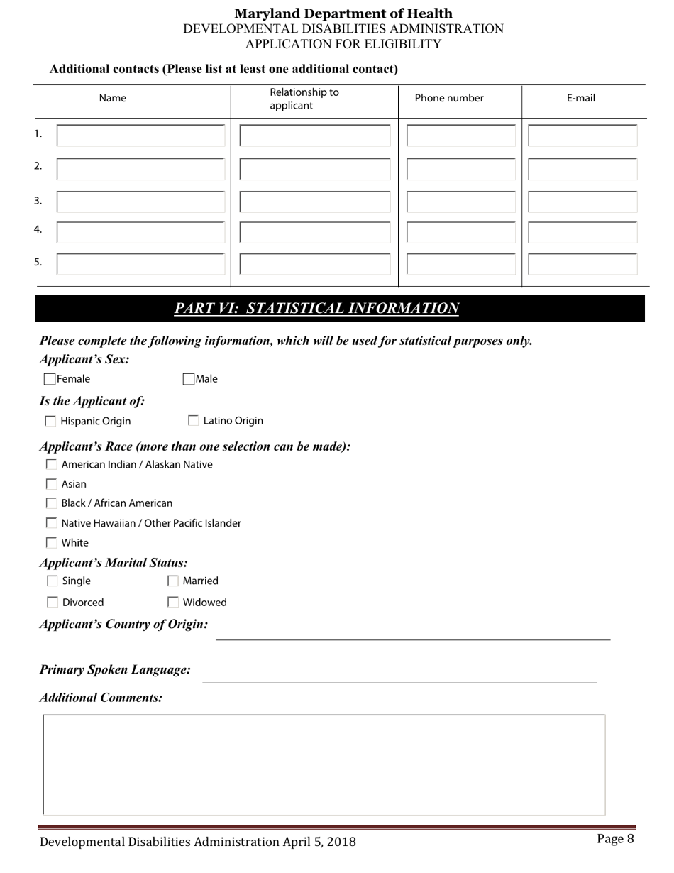 Developmental Disabilities Administration Application for Eligibility - Maryland, Page 8