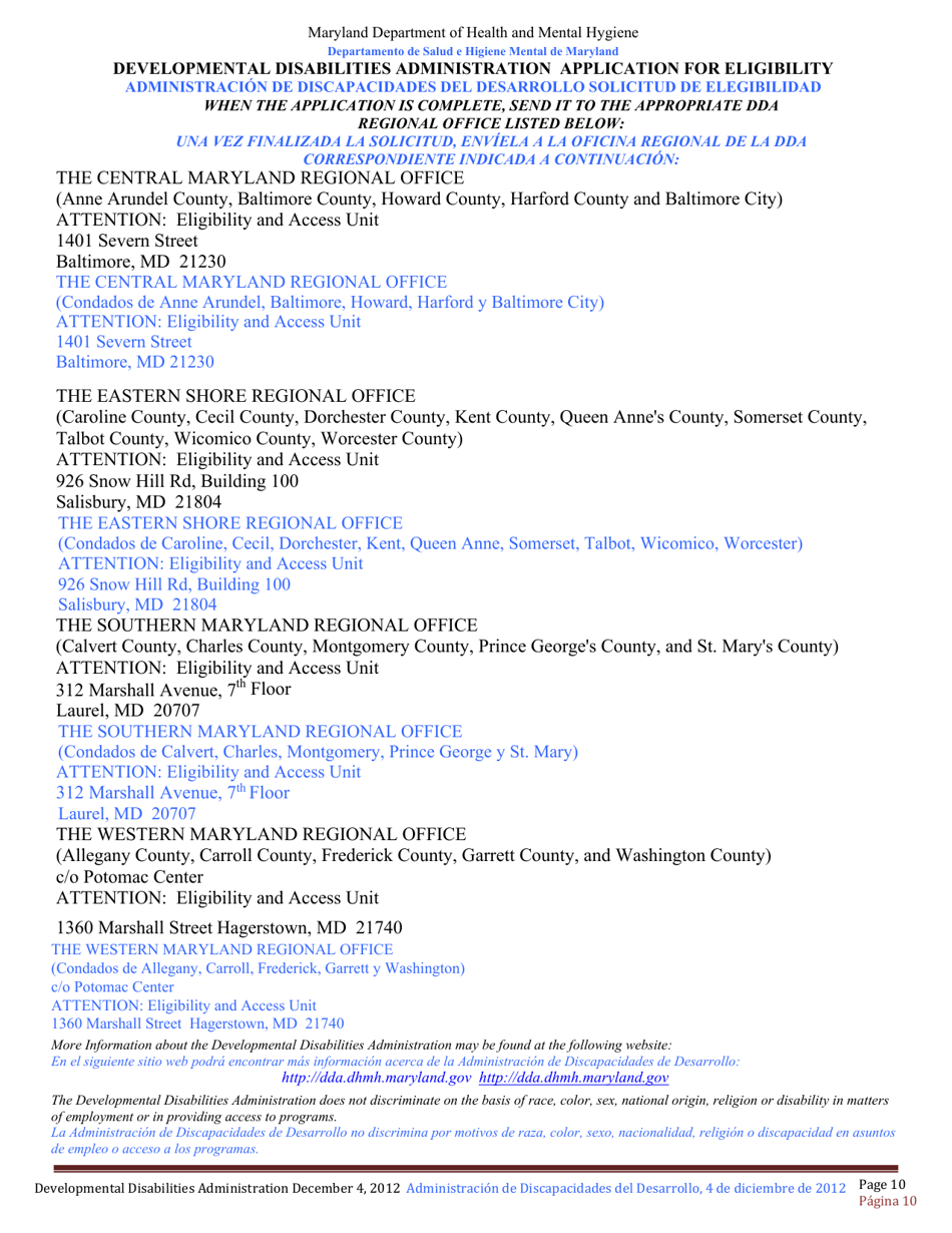 Developmental Disabilities Administration Application for Eligibility - Maryland (English / Spanish), Page 10