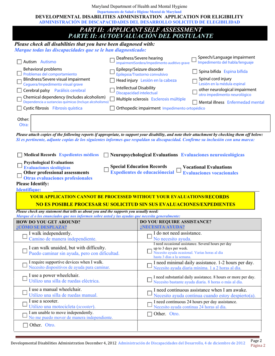 Developmental Disabilities Administration Application for Eligibility - Maryland (English / Spanish), Page 2