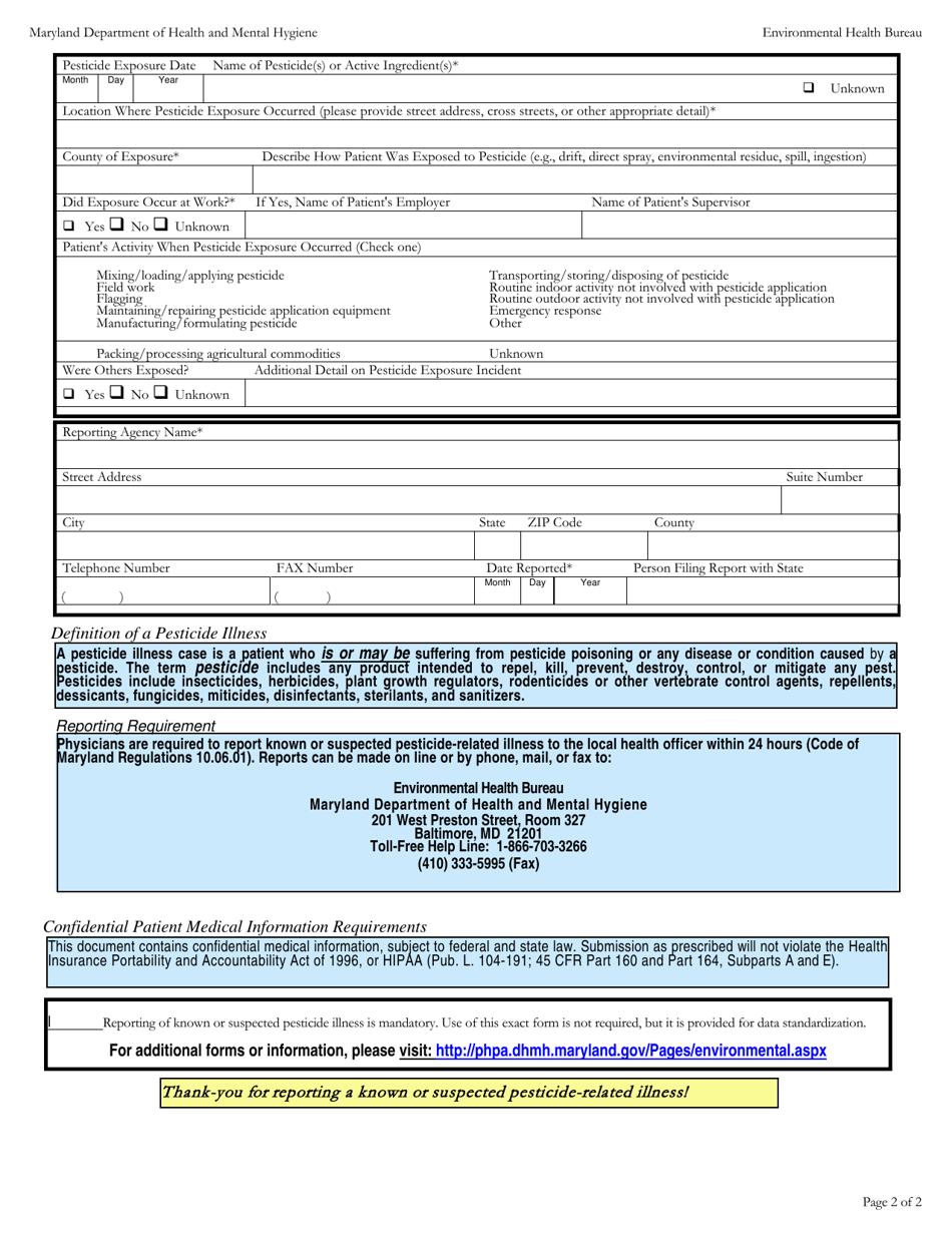 Physicians Confidential Report of Known or Suspected Pesticide-Related Illness - Maryland, Page 2