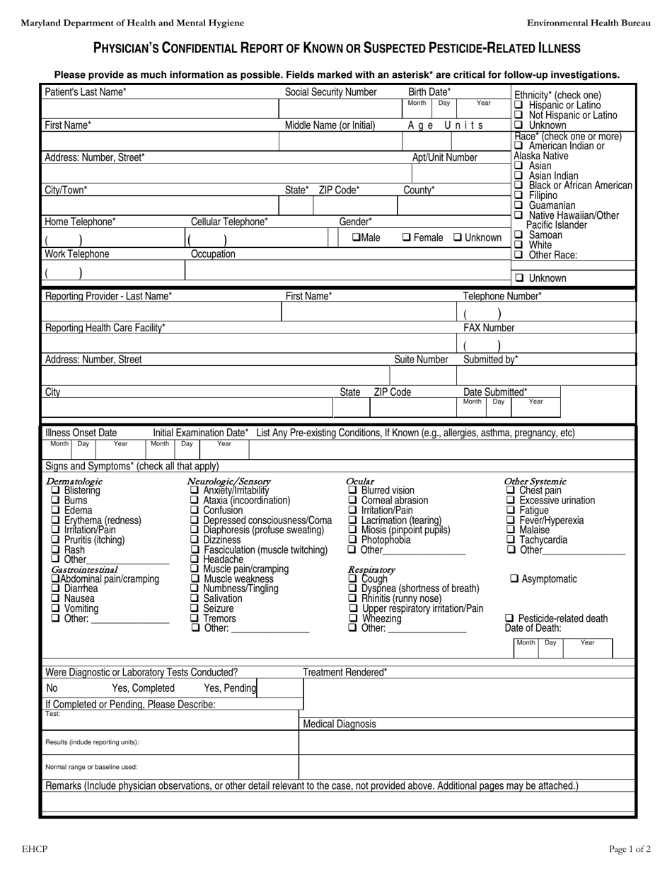 Maryland Physician's Confidential Report of Known or Suspected ...