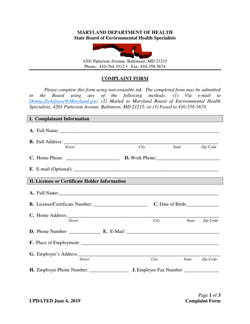 Complaint Form - State Board of Environmental Health Specialists - Maryland Download Pdf