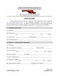 Complaint Form - State Board of Environmental Health Specialists - Maryland