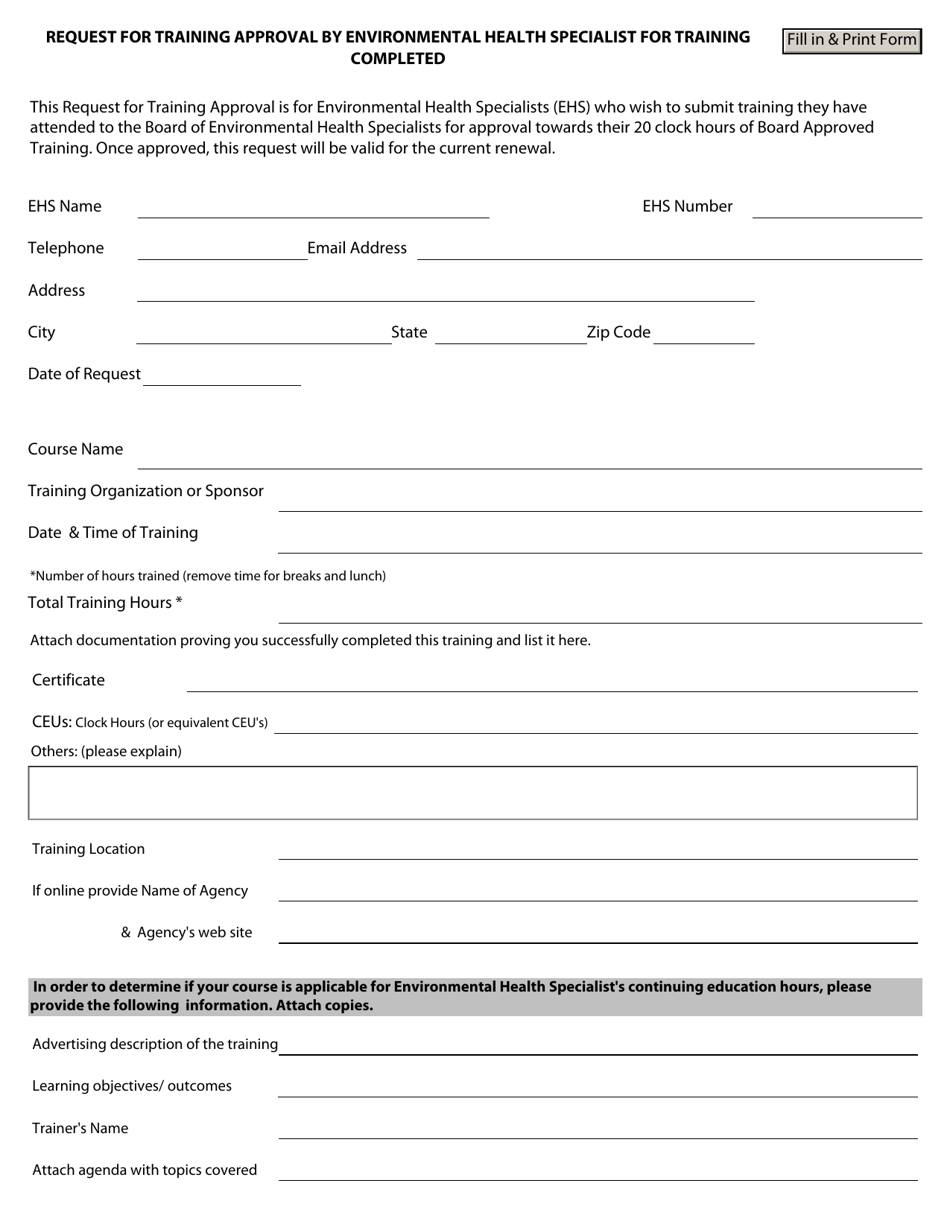 Request for Training Approval by Environmental Health Specialist for Training Completed - Maryland, Page 1