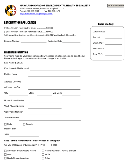 Reactivation Application - Board of Environmental Health Specialists - Maryland Download Pdf