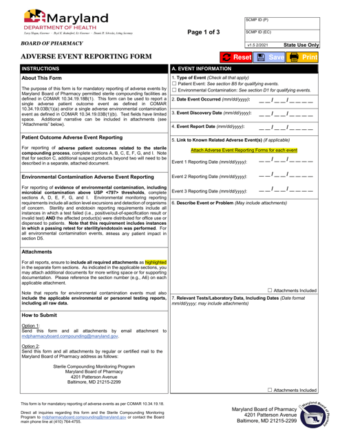 Adverse Event Reporting Form - Maryland