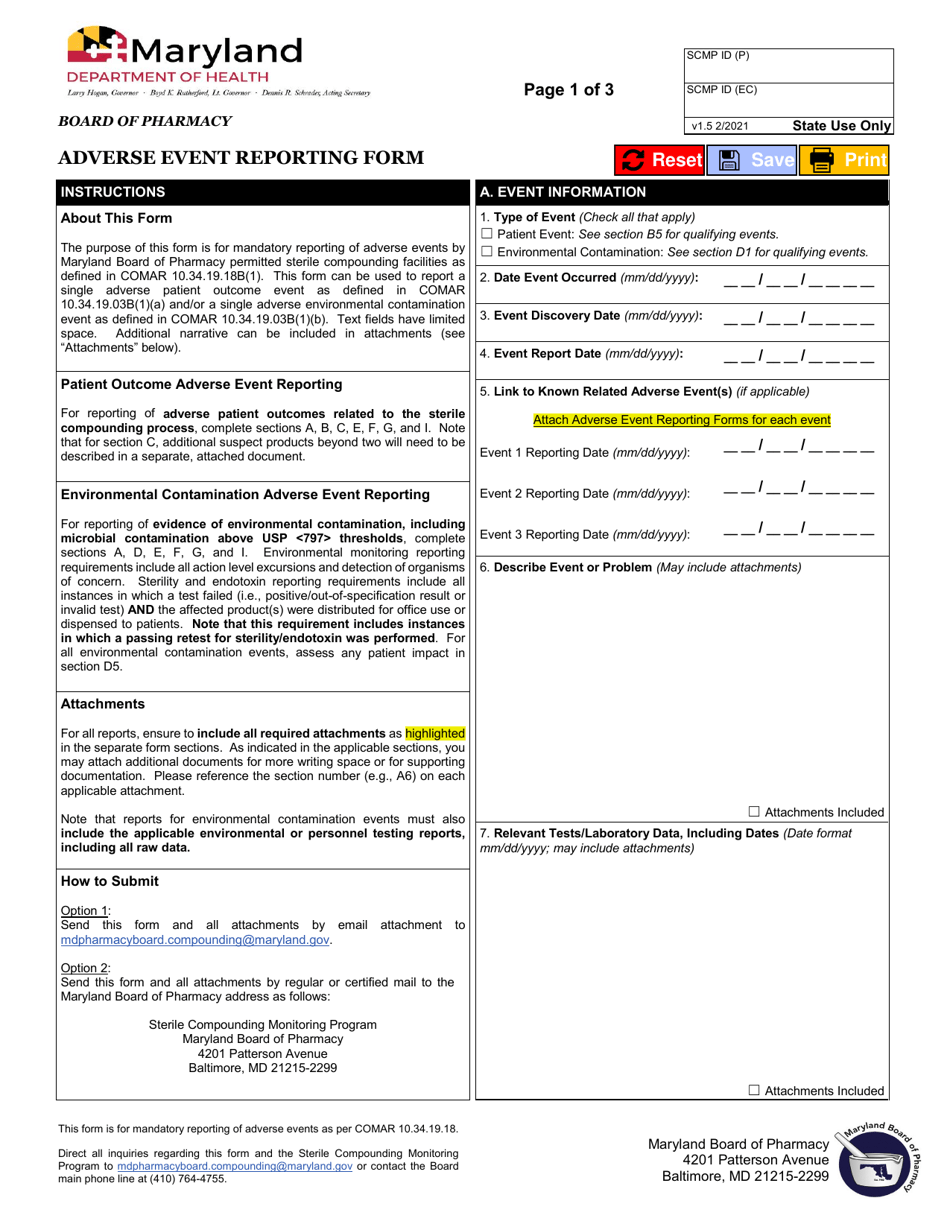 Adverse Event Reporting Form - Maryland, Page 1