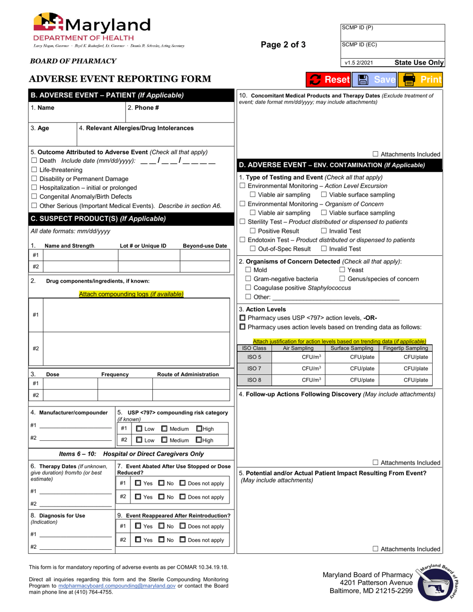 Adverse Event Reporting Form - Maryland, Page 2