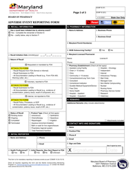 Adverse Event Reporting Form - Maryland, Page 3