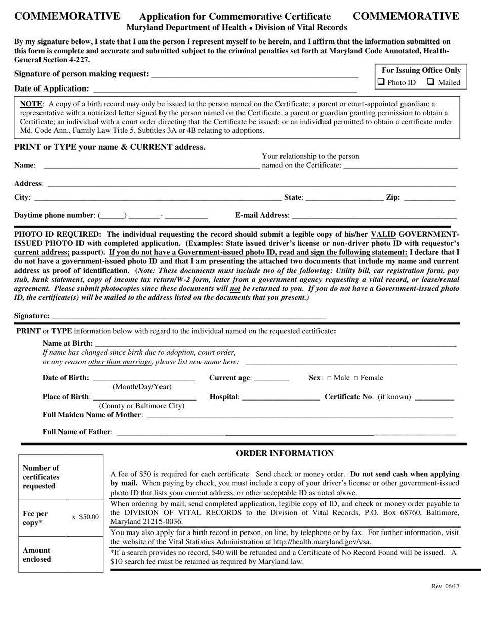 Application for Commemorative Certificate - Maryland, Page 1