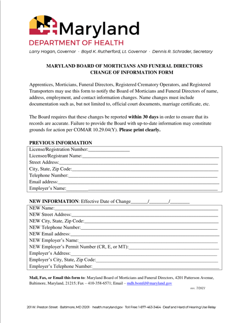 Change of Information Form - Maryland Board of Morticians and Funeral Directors - Maryland