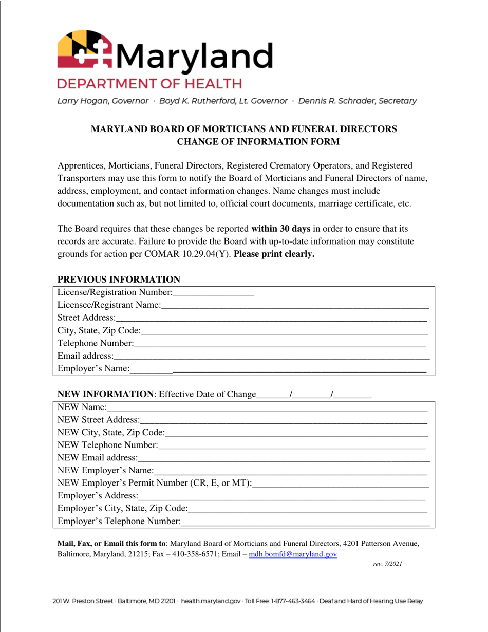 Change of Information Form - Maryland Board of Morticians and Funeral Directors - Maryland, Page 1