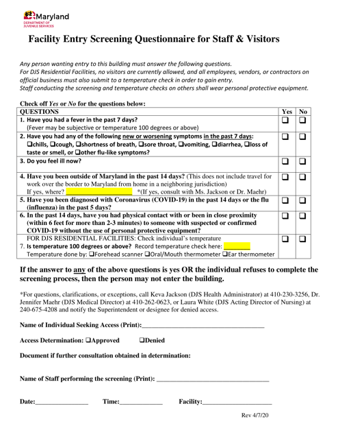"Facility Entry Screening Questionnaire for Staff & Visitors" - Maryland Download Pdf