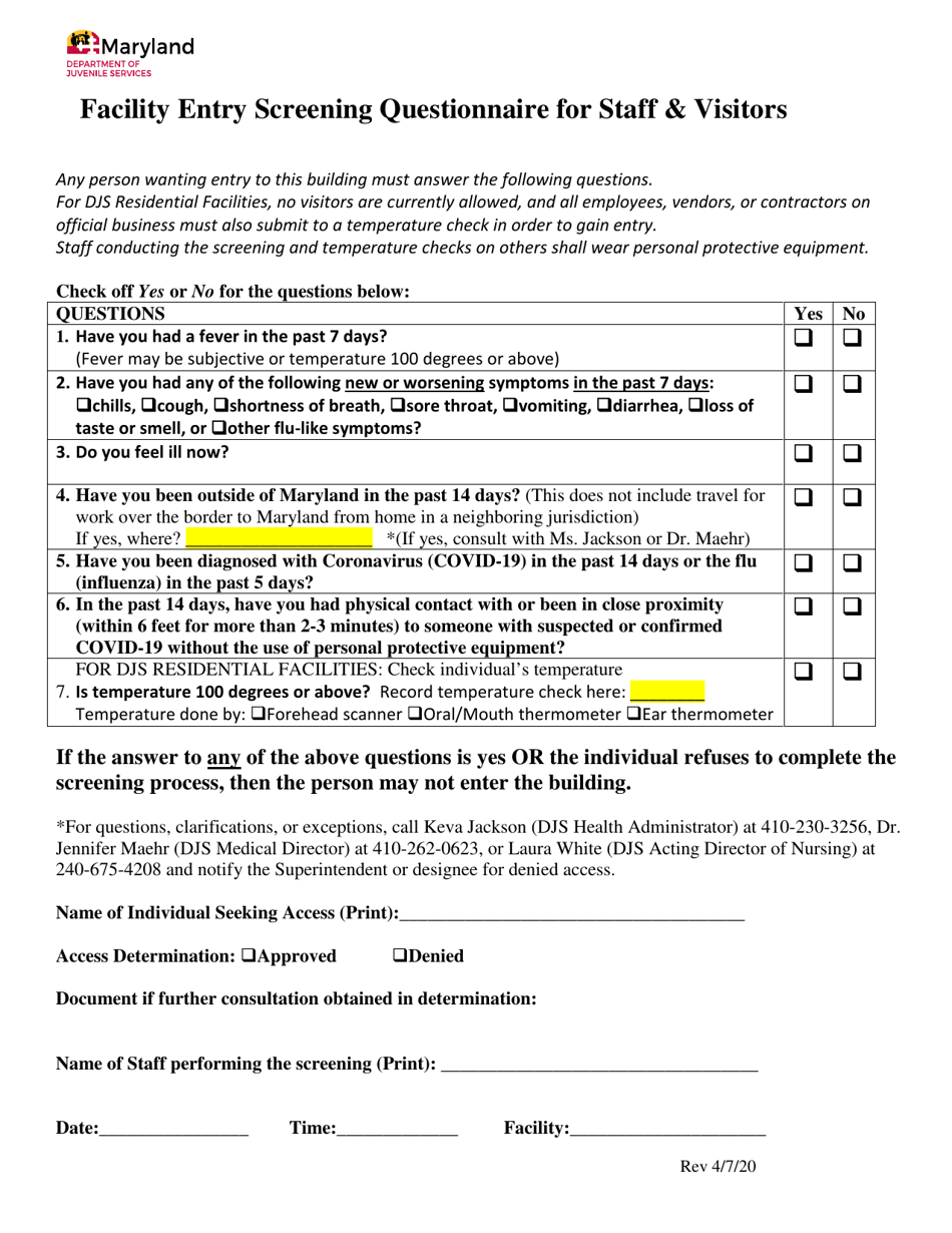 Facility Entry Screening Questionnaire for Staff  Visitors - Maryland, Page 1