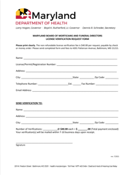 Document preview: License Verification Request Form - Board of Morticians and Funeral Directors - Maryland