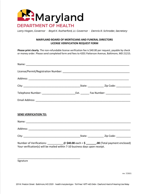 License Verification Request Form - Board of Morticians and Funeral Directors - Maryland