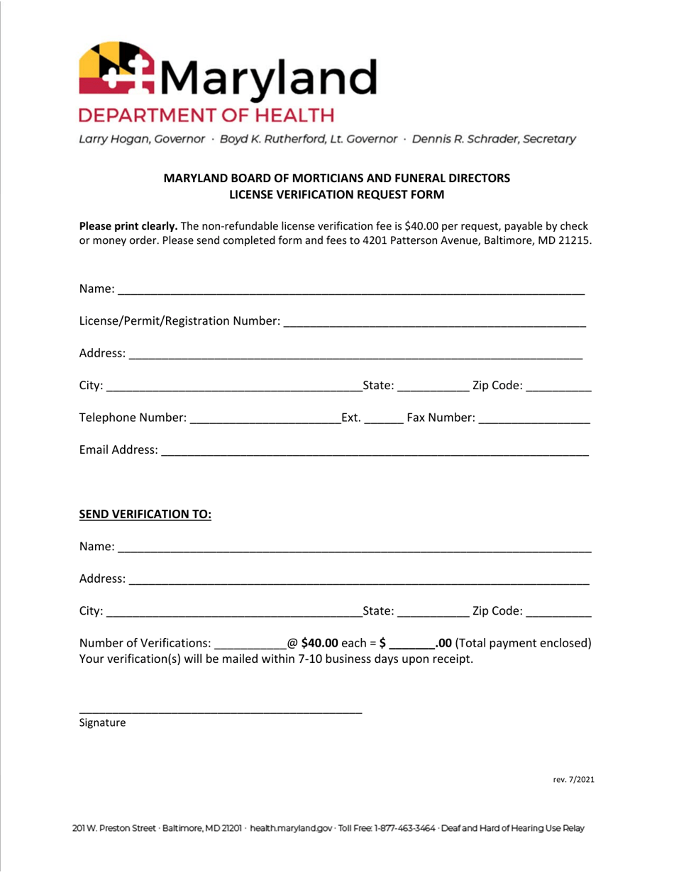 License Verification Request Form - Board of Morticians and Funeral Directors - Maryland, Page 1