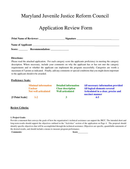 Maryland Juvenile Justice Reform Council Application Review Form - Maryland Download Pdf