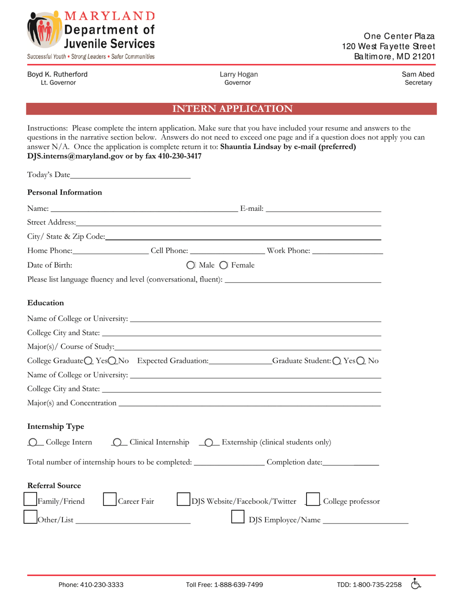 Maryland Intern Application Download Fillable PDF | Templateroller