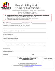 Document preview: Change of Address & Name Form - Board of Physical Therapy Examiners - Maryland