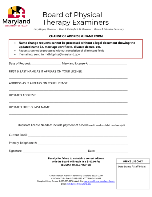 Change of Address & Name Form - Board of Physical Therapy Examiners - Maryland Download Pdf