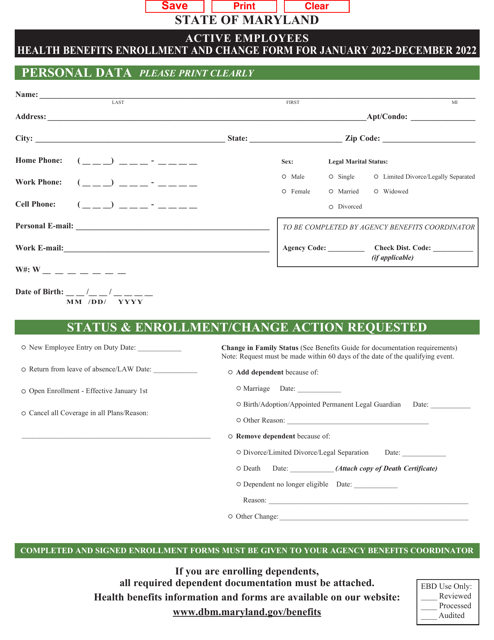 Active Employees Health Benefits Enrollment and Change Form - Maryland Download Pdf