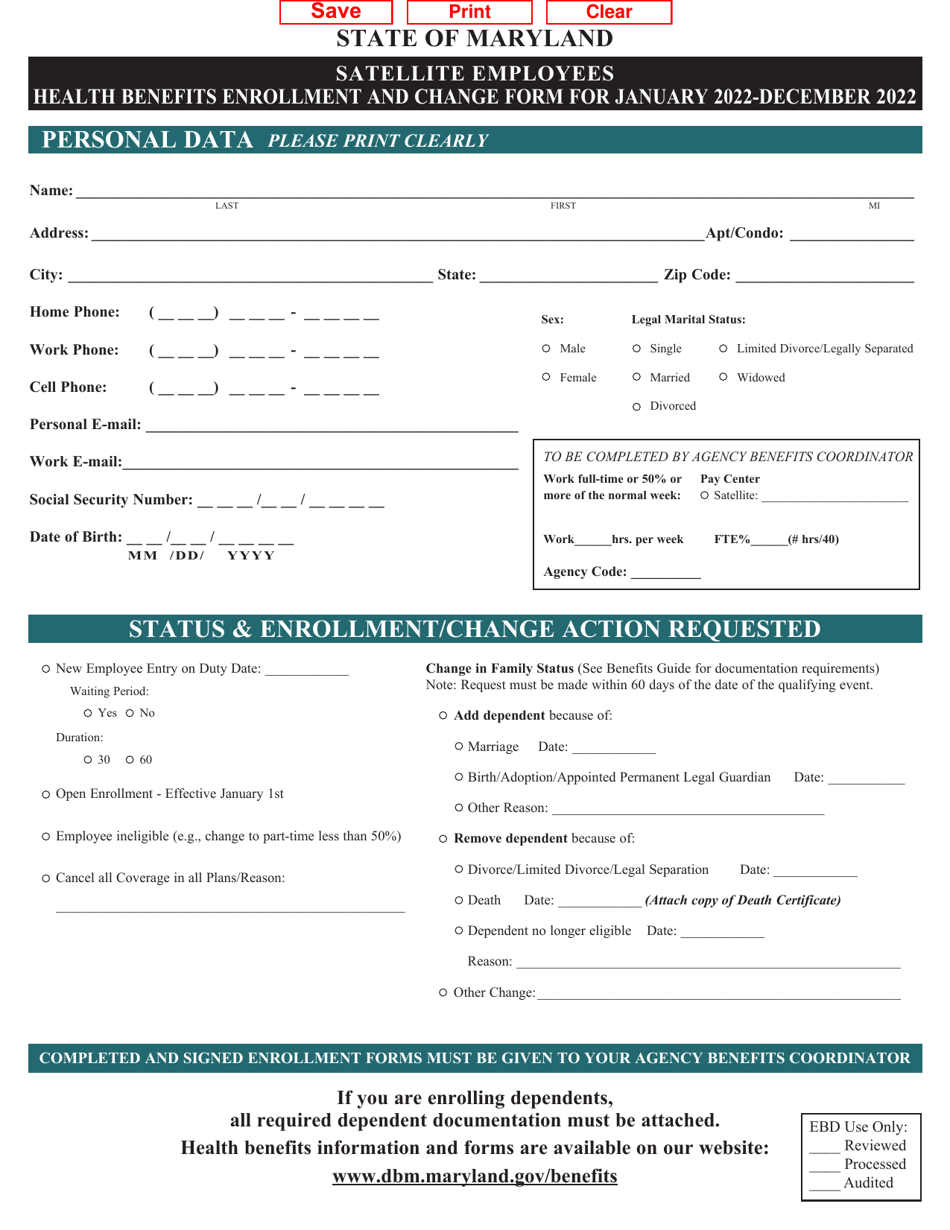 Satellite Employees Health Benefits Enrollment and Change Form - Maryland, Page 1