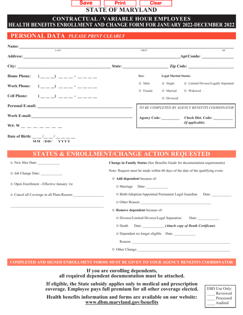 &quot;Contractual/Variable Hour Employees Health Benefits Enrollment and Change Form&quot; - Maryland Download Pdf